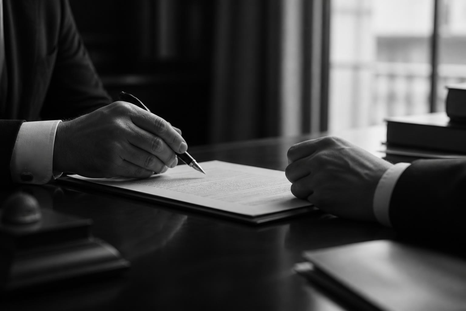 Attorney reviewing a legal contract across a polished conference table