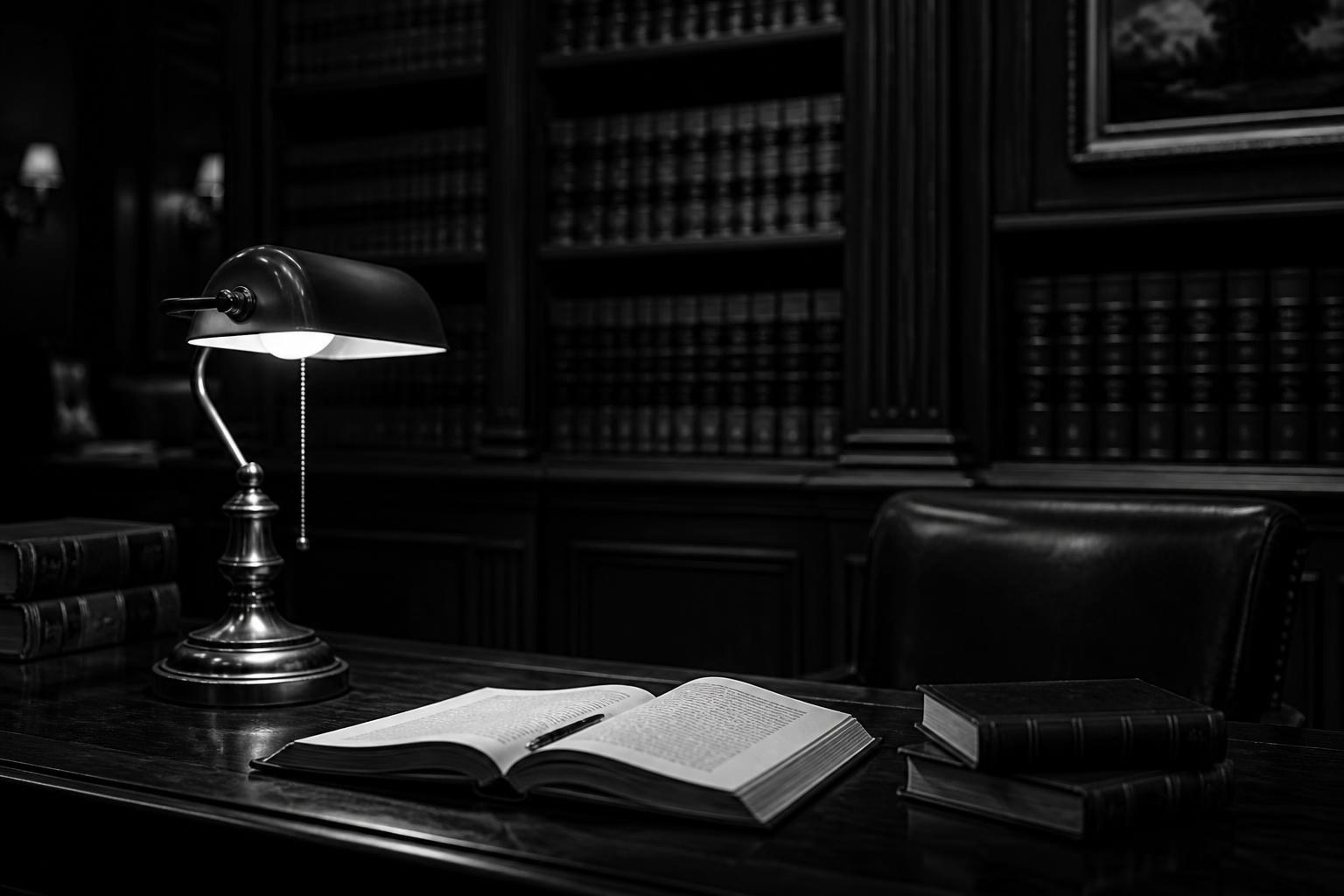 Law firm library with leather-bound volumes and a brass desk lamp